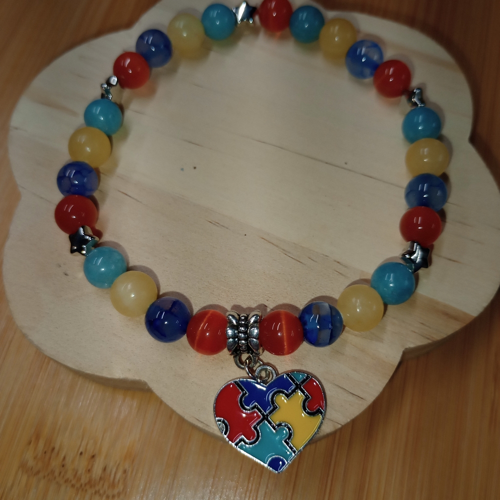 Autism Awareness Natural Crystals Stretch Bracelet With Enamel Puzzle Charm 6"